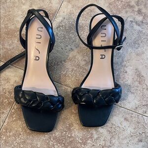 Unisa Black Braided-Strap Ankle Wrap Heels